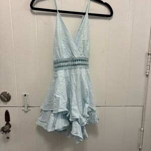 Simplee Light Blue Sleeveless Romper with Lace Detail